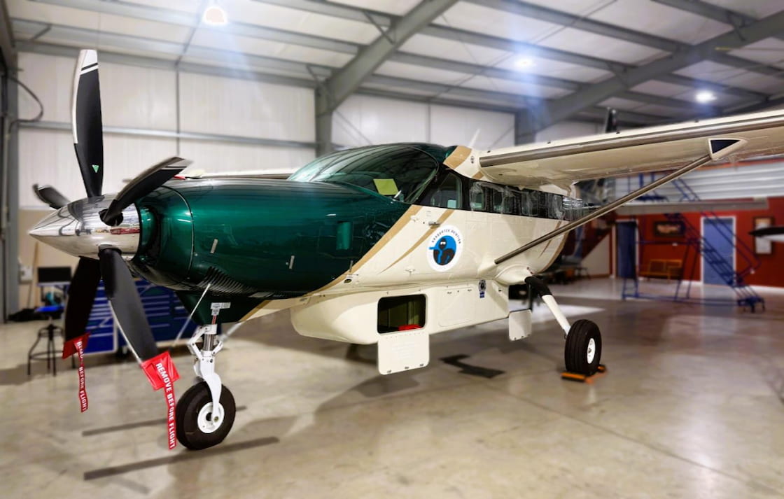 Cessna Caravan turboprop aircraft and multi-engine 340 undergoing maintenance and inspection