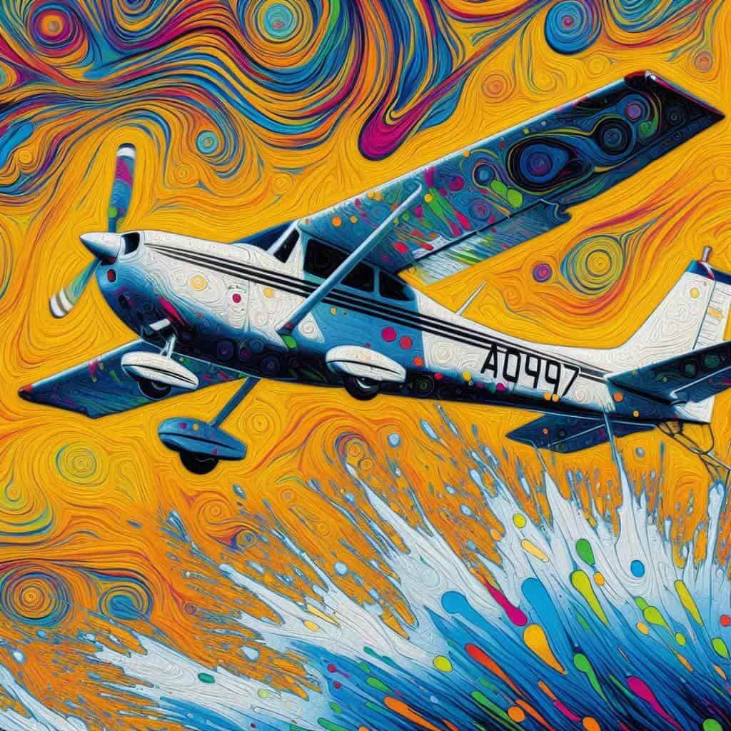 Colorful abstract painting of a propeller airplane.