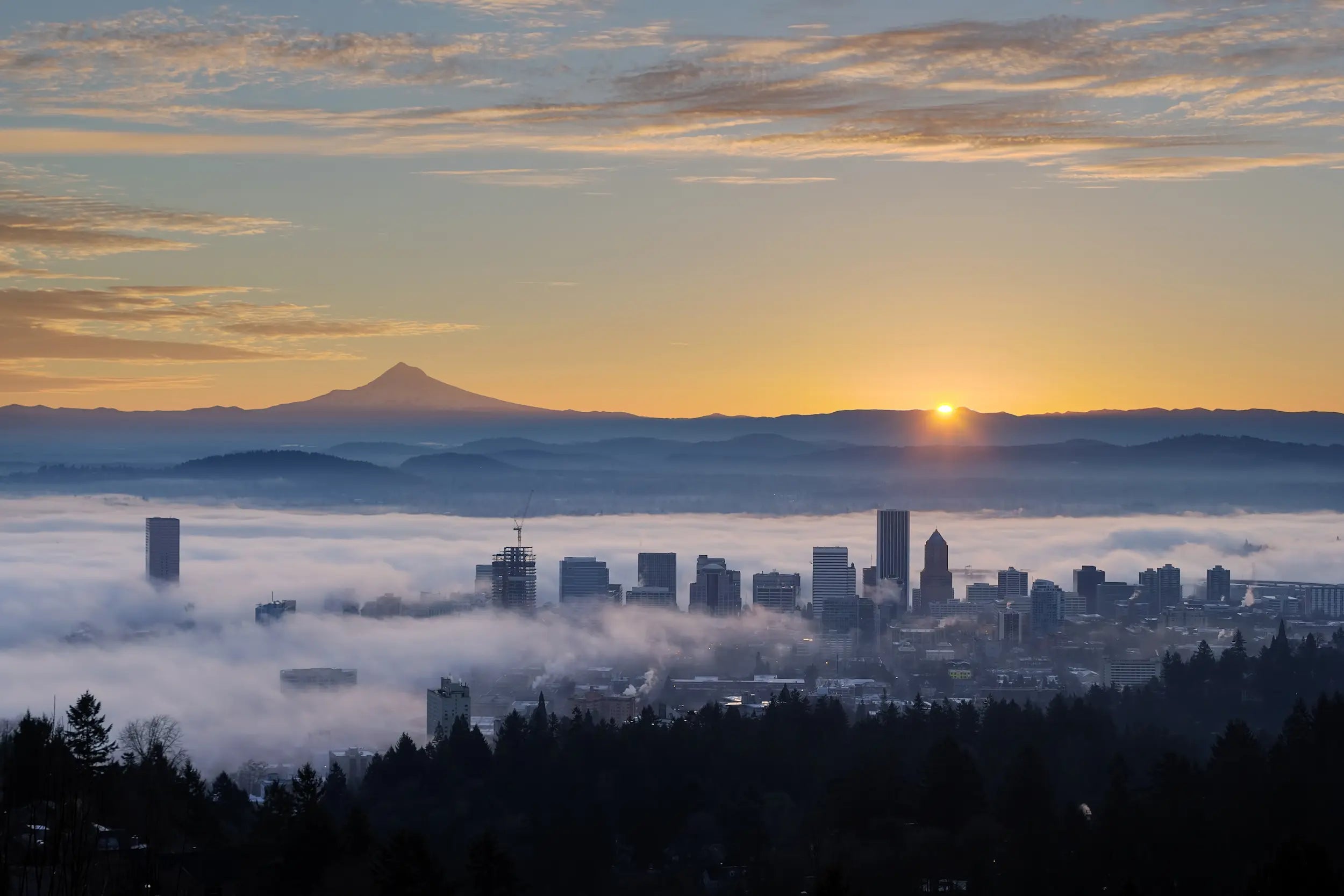 View of Portland Oregon and Mount Hood from a hilltop and lit by a sunrise. Clouds fill the streets. 
