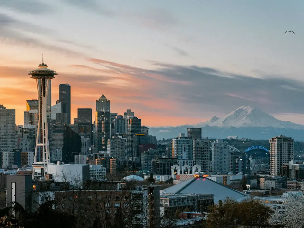 City skyline with the Space Needle and Mount Rainier at sunset.