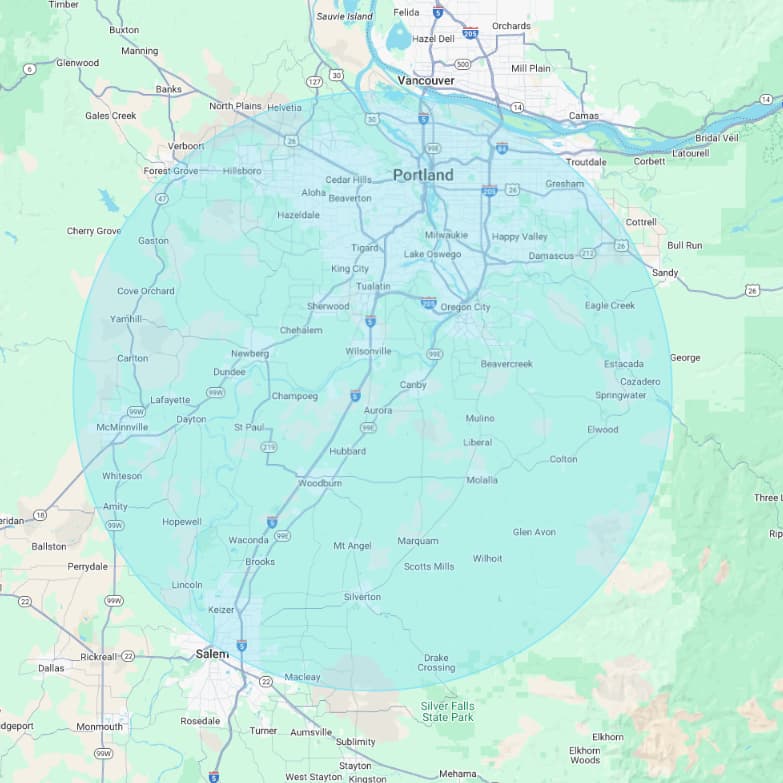 A map highlighting a 25 mile radius circle around the Aurora Airport, indicating a customizable flight route for a personal adventure. Map includes Portland and the surrounding area. 