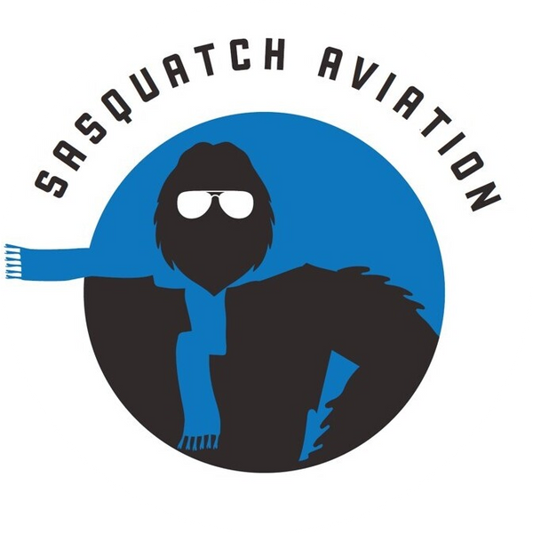 Logo of Sasquatch Aviation with a silhouette of a sasquatch wearing sunglasses and a blue scarf against a blue circle.