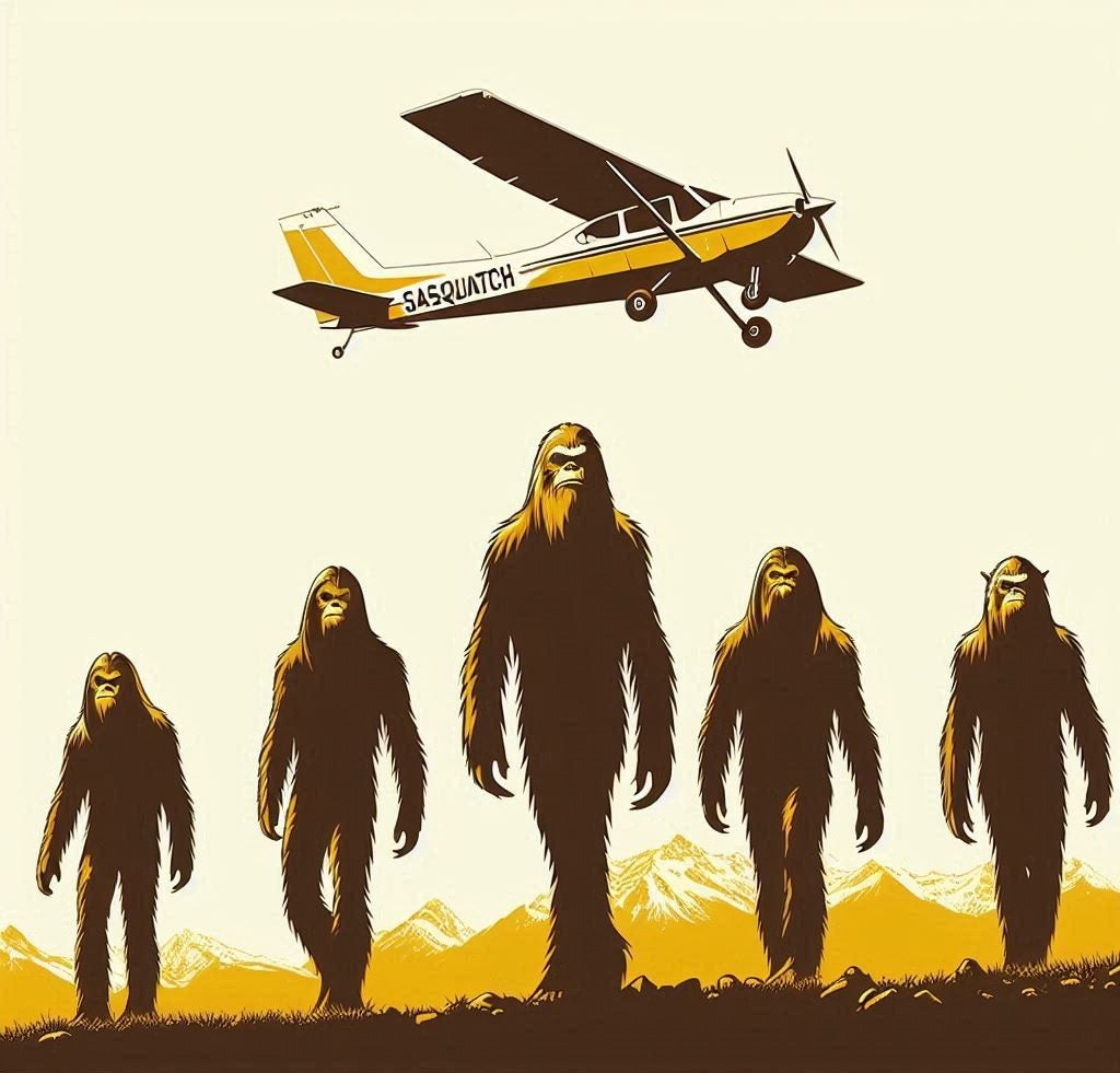 Illustration of Sasquatches and a Cessna airplane with 'Sasquatch' on the side, set against a mountainous background.