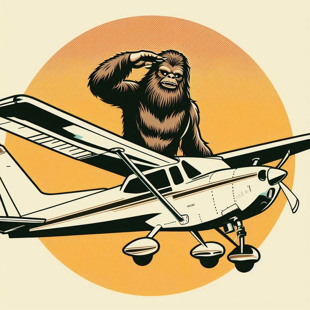 Illustration of a sasquatch with a circular background and a small airplane in front. 