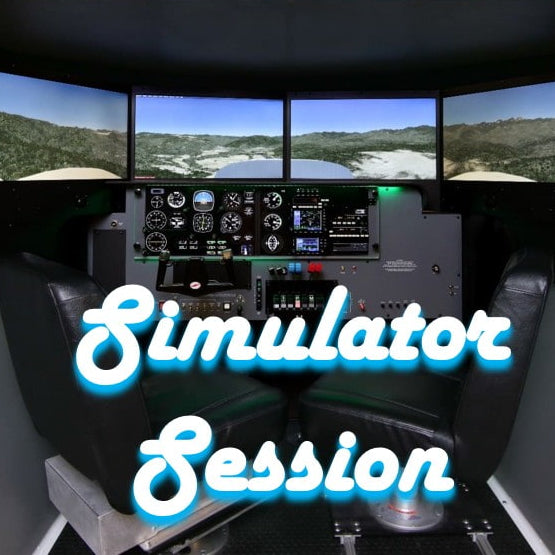 A flight simulator cockpit with multiple screens and a control panel, featuring the text 'Simulator Session'.